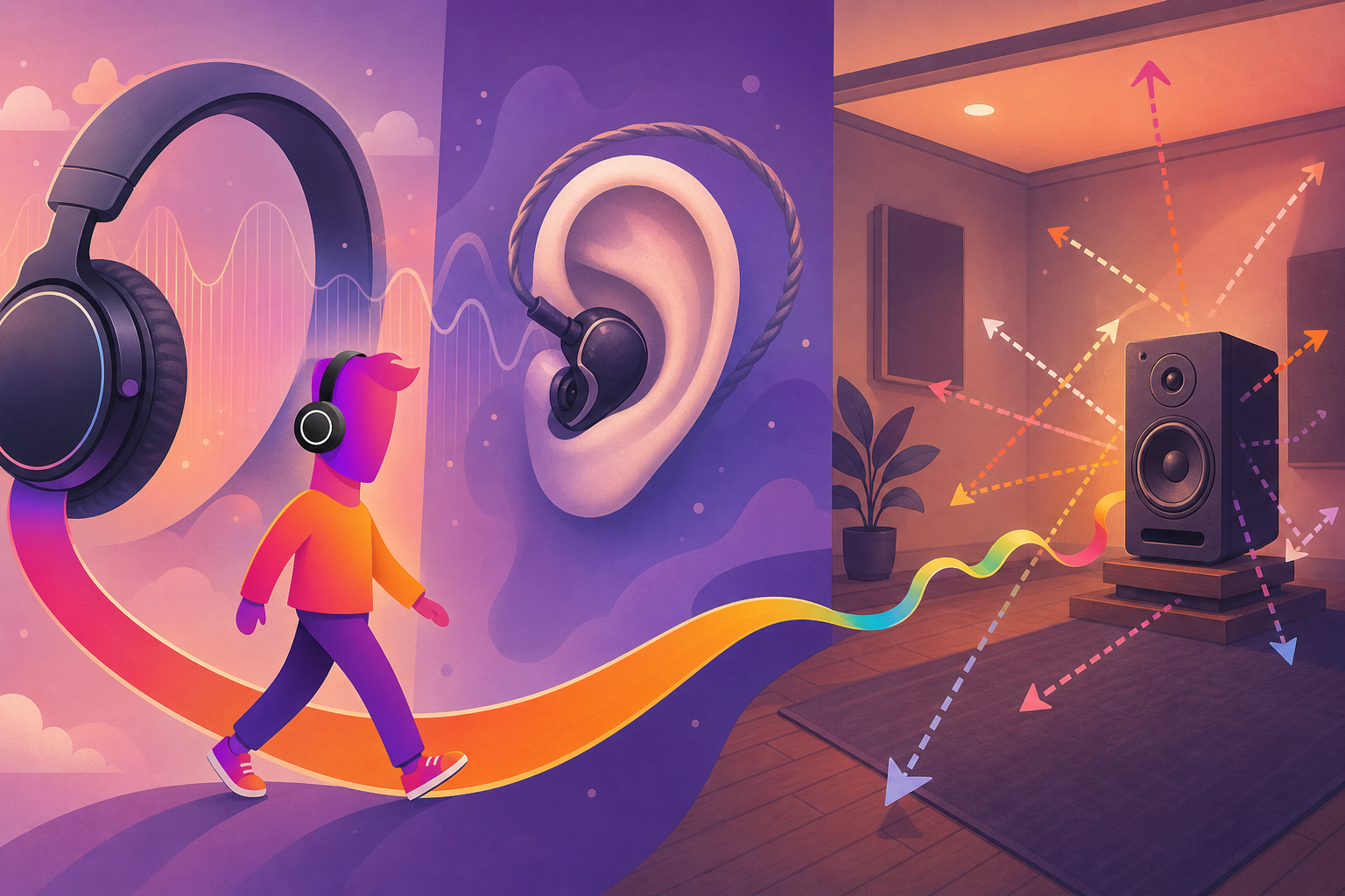 An informed listener following a smooth reference curve from headphones to an in-ear monitor and loudspeaker