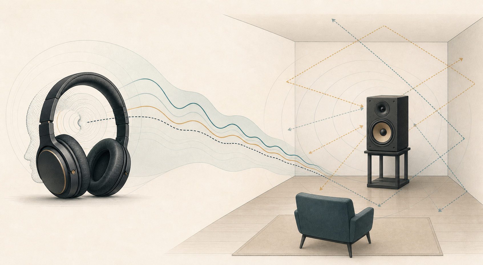 Conceptual relationship between headphones, loudspeakers, and a room