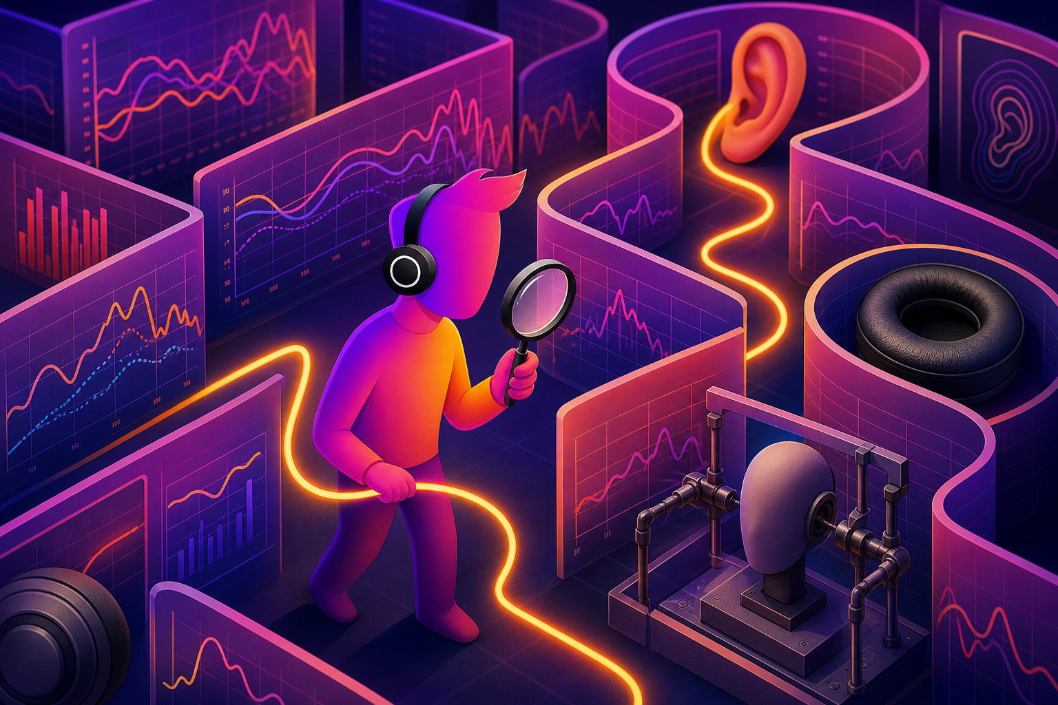 An informed listener tracing a path through headphone measurement graphs and a measurement rig