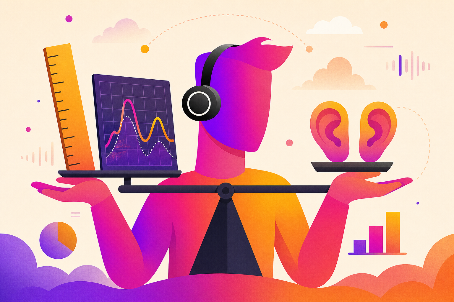 A colourful informed listener weighing an audio graph against a pair of ears