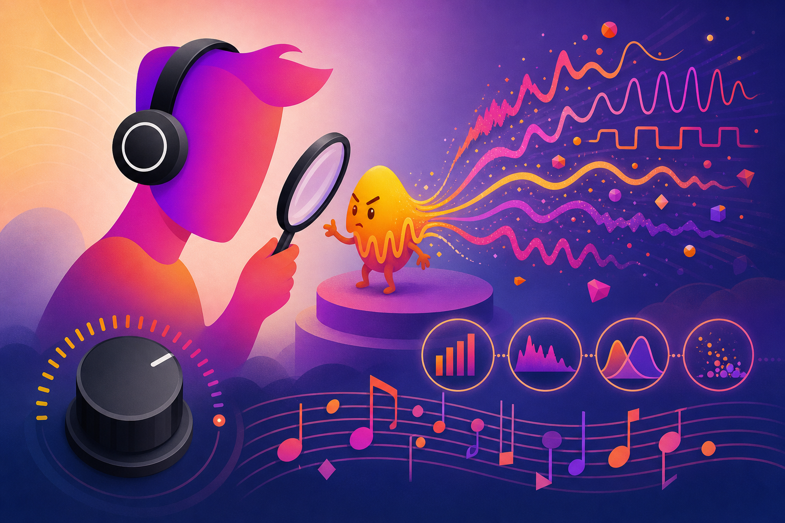 An informed listener examining a playful waveform character beside a volume control