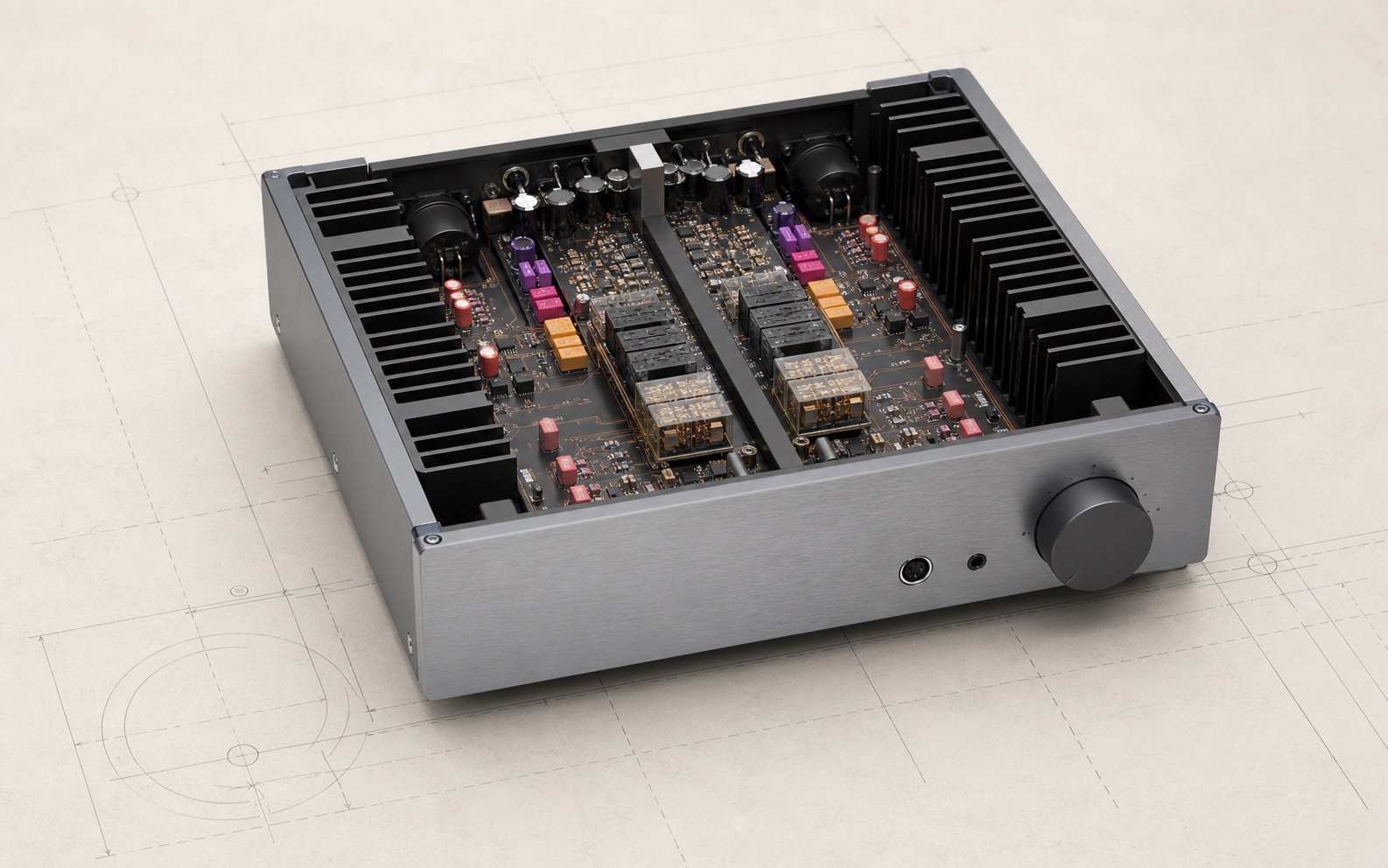 Conceptual cutaway illustration of a fictional precision headphone amplifier
