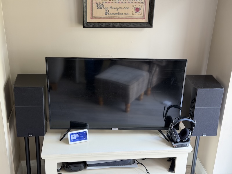 the SVS Ultra Evolution Bookshelf speakers either side of the TV in the awkward room — good bass, but a lot of speaker for the space