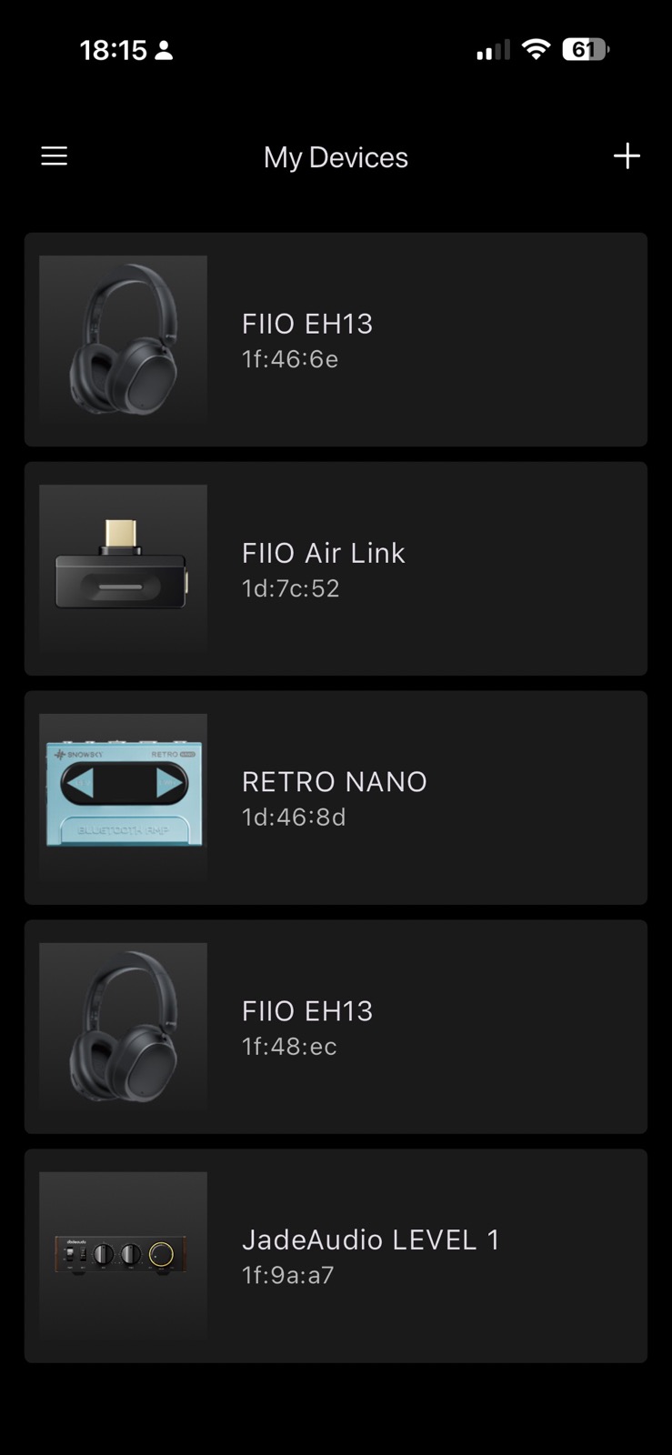 fiio control my devices list showing the level 1