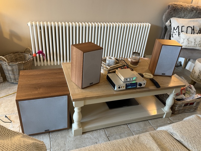 the full system — Dayton B65 Classic speakers, SB1200 subwoofer and the Luxsin X9