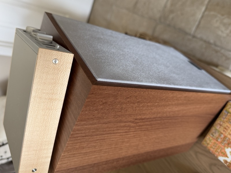 the Level 1 sitting on a Dayton B65, showing the two wood finishes